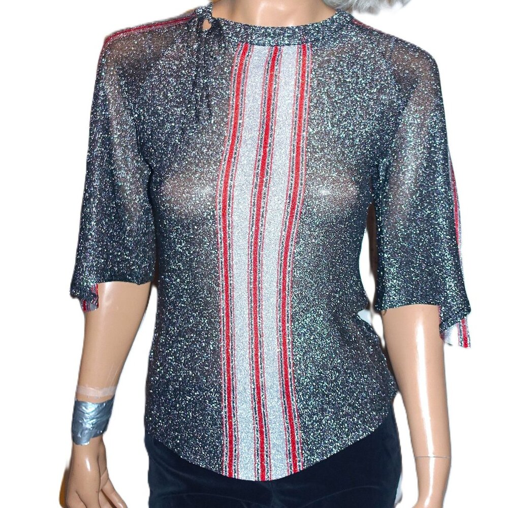 Vintage Cotillion Silver Metallic Striped Blouse M